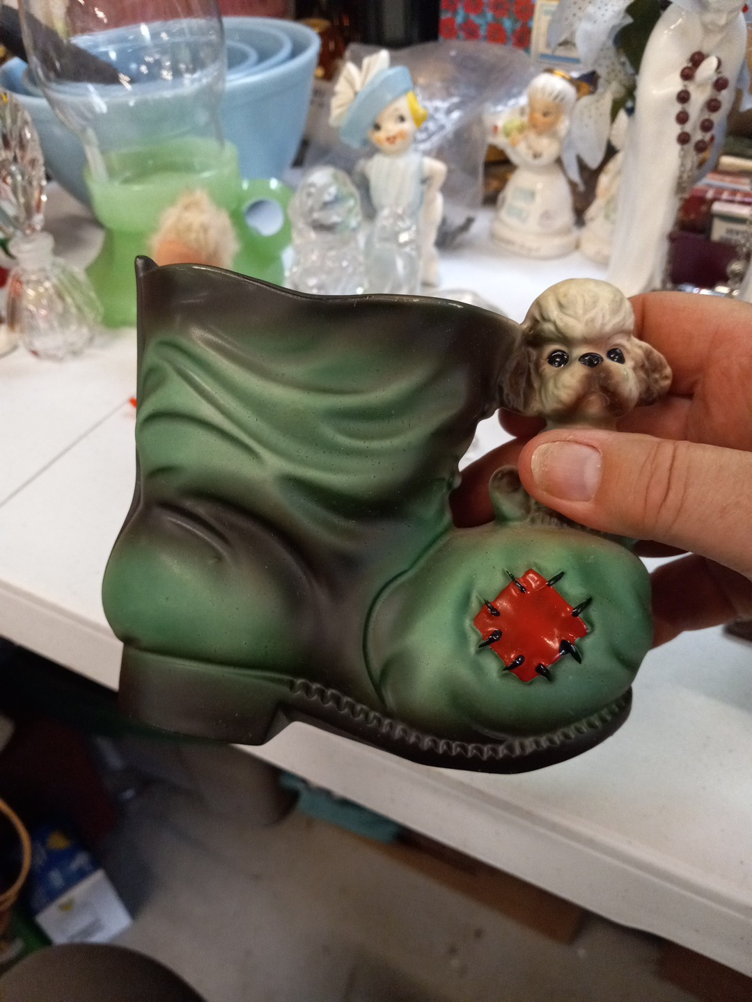 Vintage Green Boot Shoe And White Poodle Sitting Dog Ceramic Planter Vase