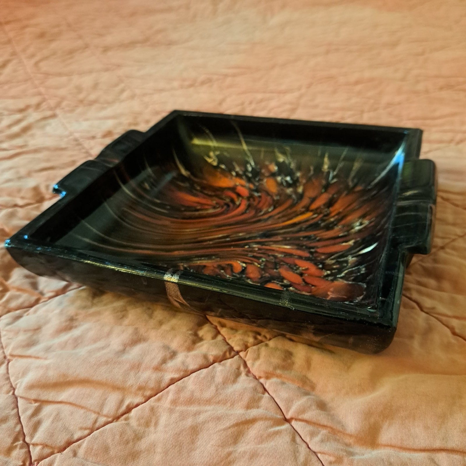 Vintage Murano Style Glass Cigar Ashtray Heavy RARE red, black, and gold swirl