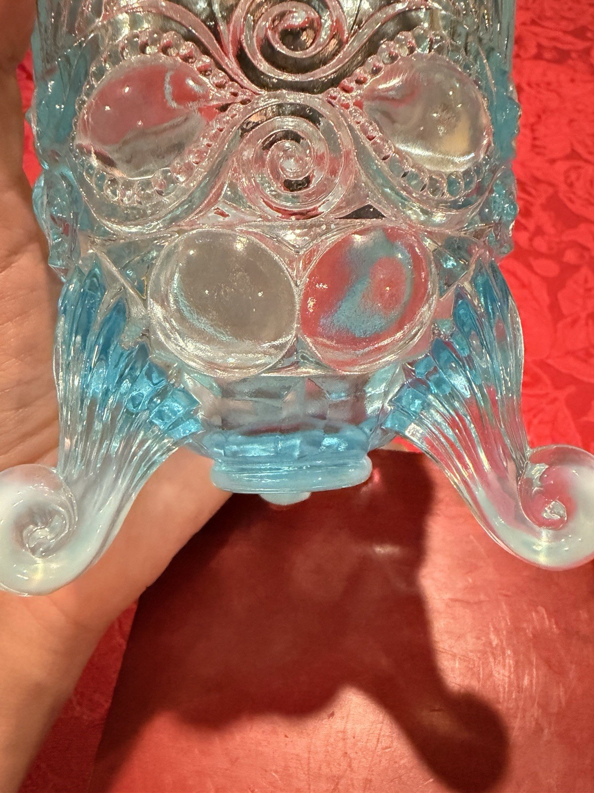 Vintage Mosser Blue Opalescent Eyewinker Spooner Glass Vase Ex Con Signed 6”