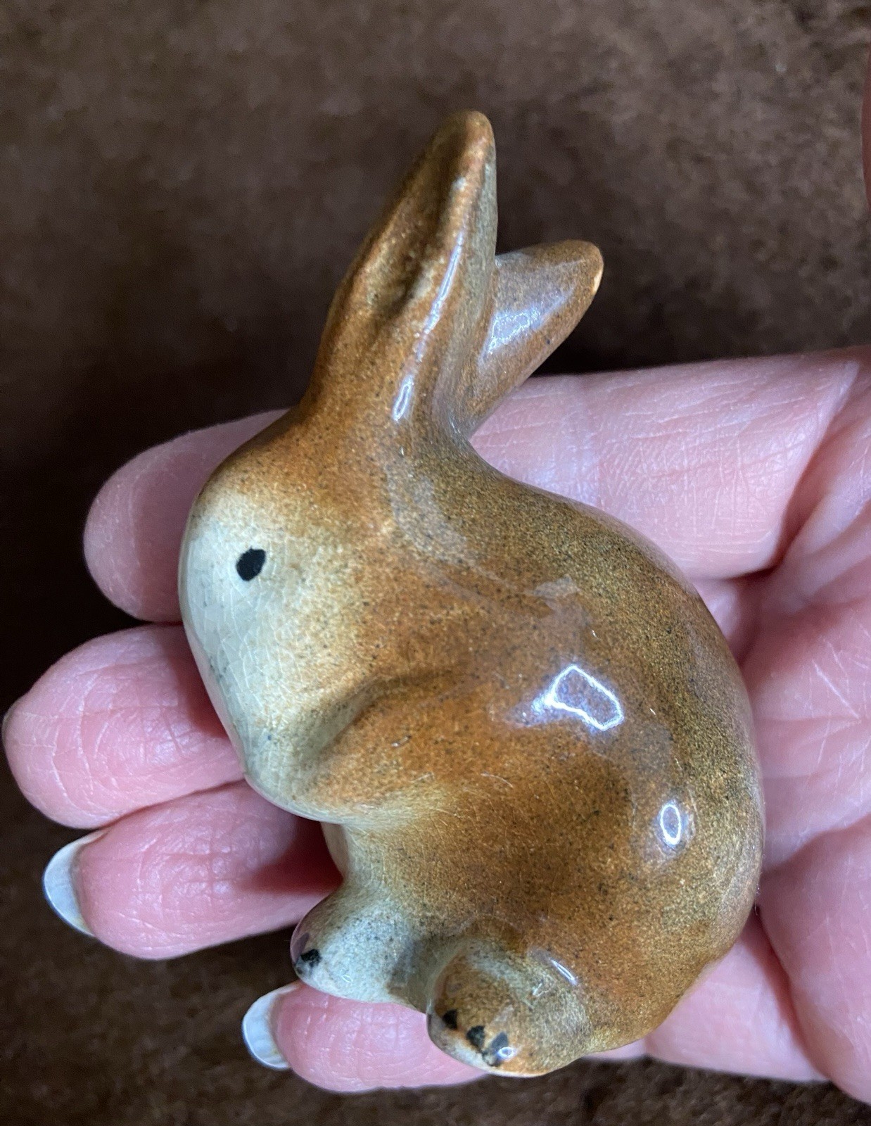 Small Bunny Figurine Vintage Art Pottery Brown Primitive Easter Decor