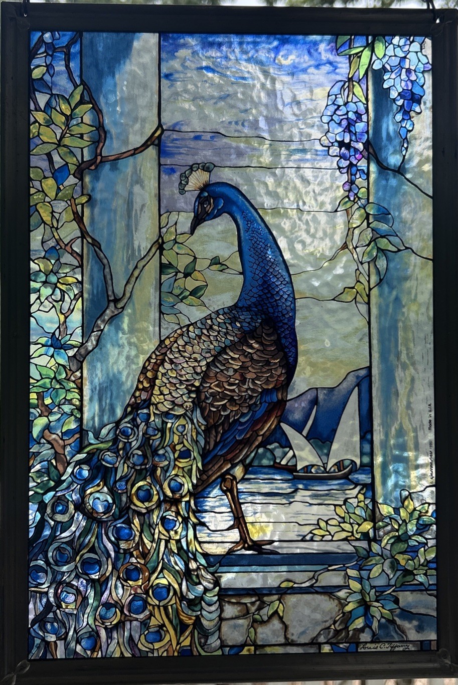 Louis C Tiffany signed Peacock Stained Glass Suncatcher by Glassmasters USA pane