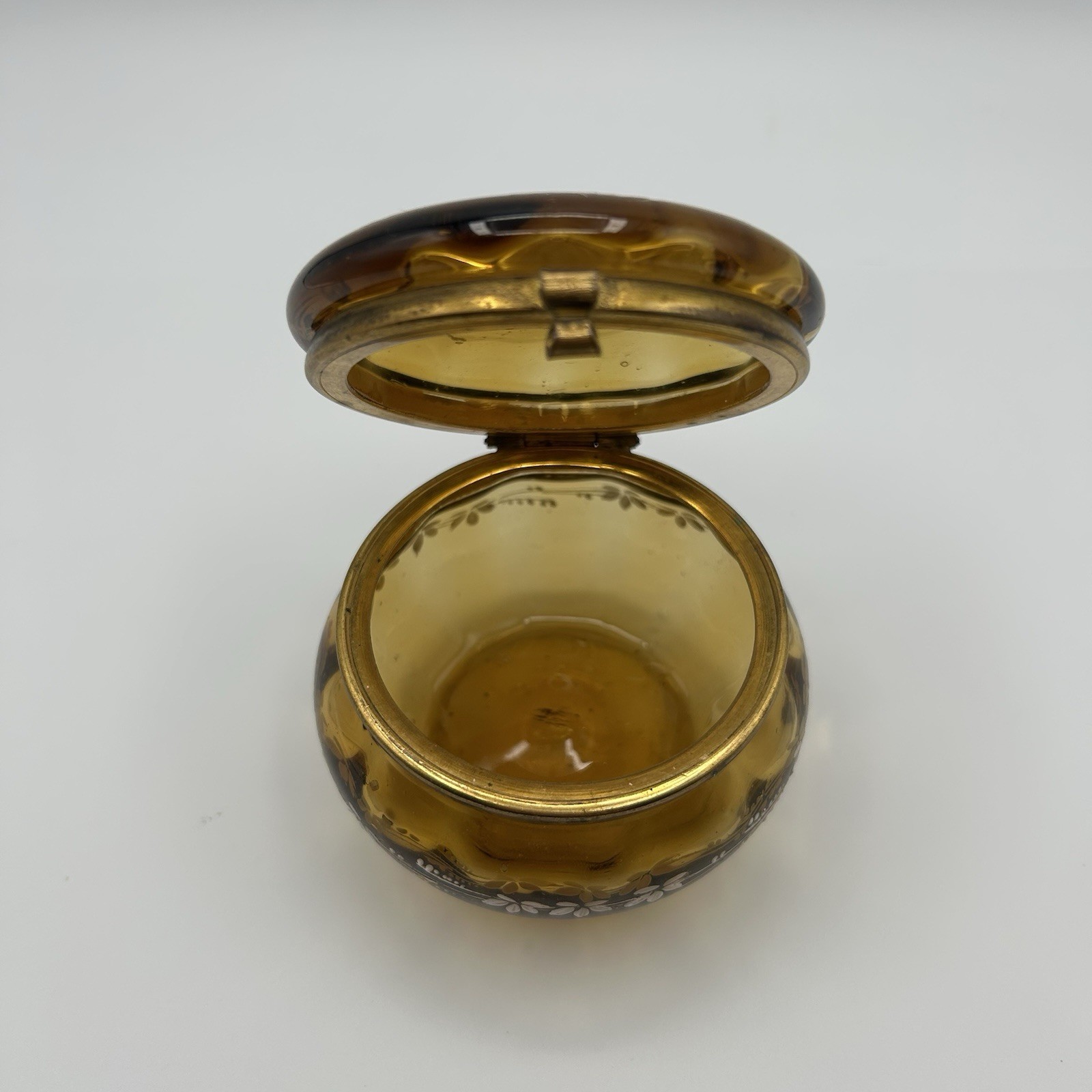 Antique Bohemian Enamel Glass Trinket Box Hinged Hand Painted Bird Motif c1900