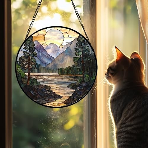 Stained Glass Window Hanging, Sunset Mountains Lake 6.3×6.3 IN 1-yellow Green