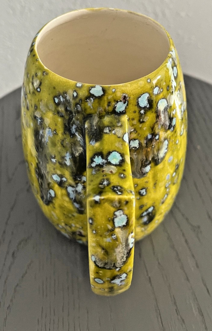 Studio Pottery Lava Glaze Mug Planter Mustard Green Drip Glaze Artisan Ceramic