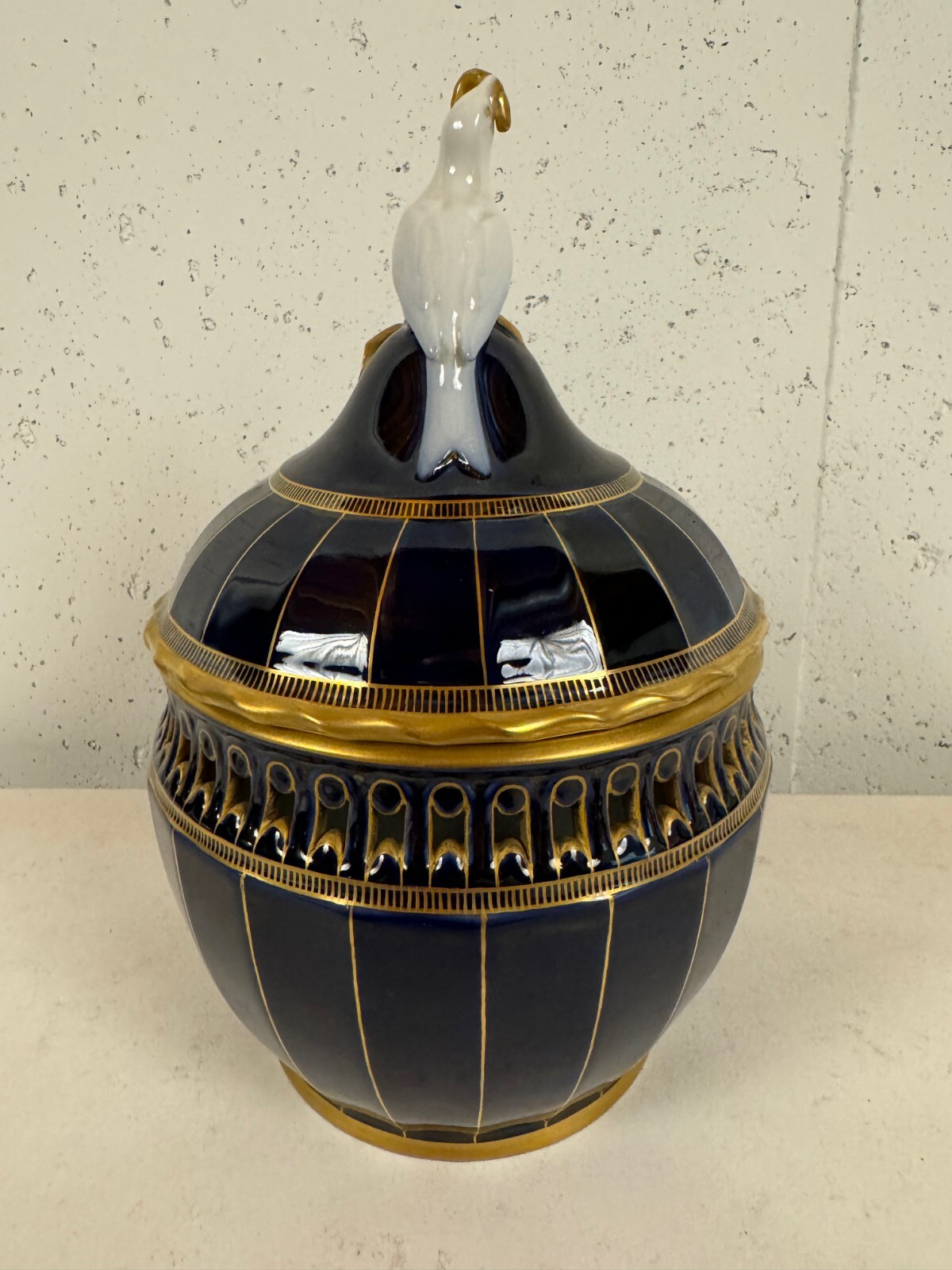 Vtg Antique Bing & Grondahl Cobalt & Gold Porcelain Potpourri Vase w Bird on Top