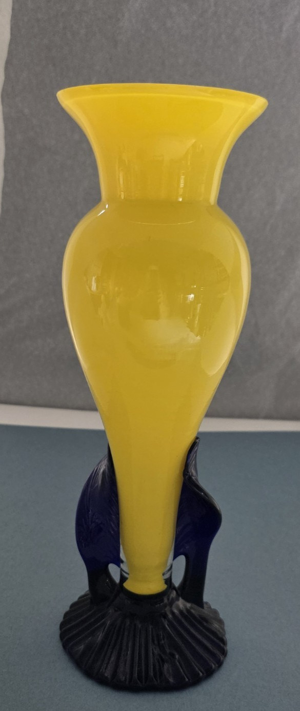 Czech Art Glass Vase Yellow w/ Blue Applied Wings 10.25″ Czecho‑Slovakia Stamp