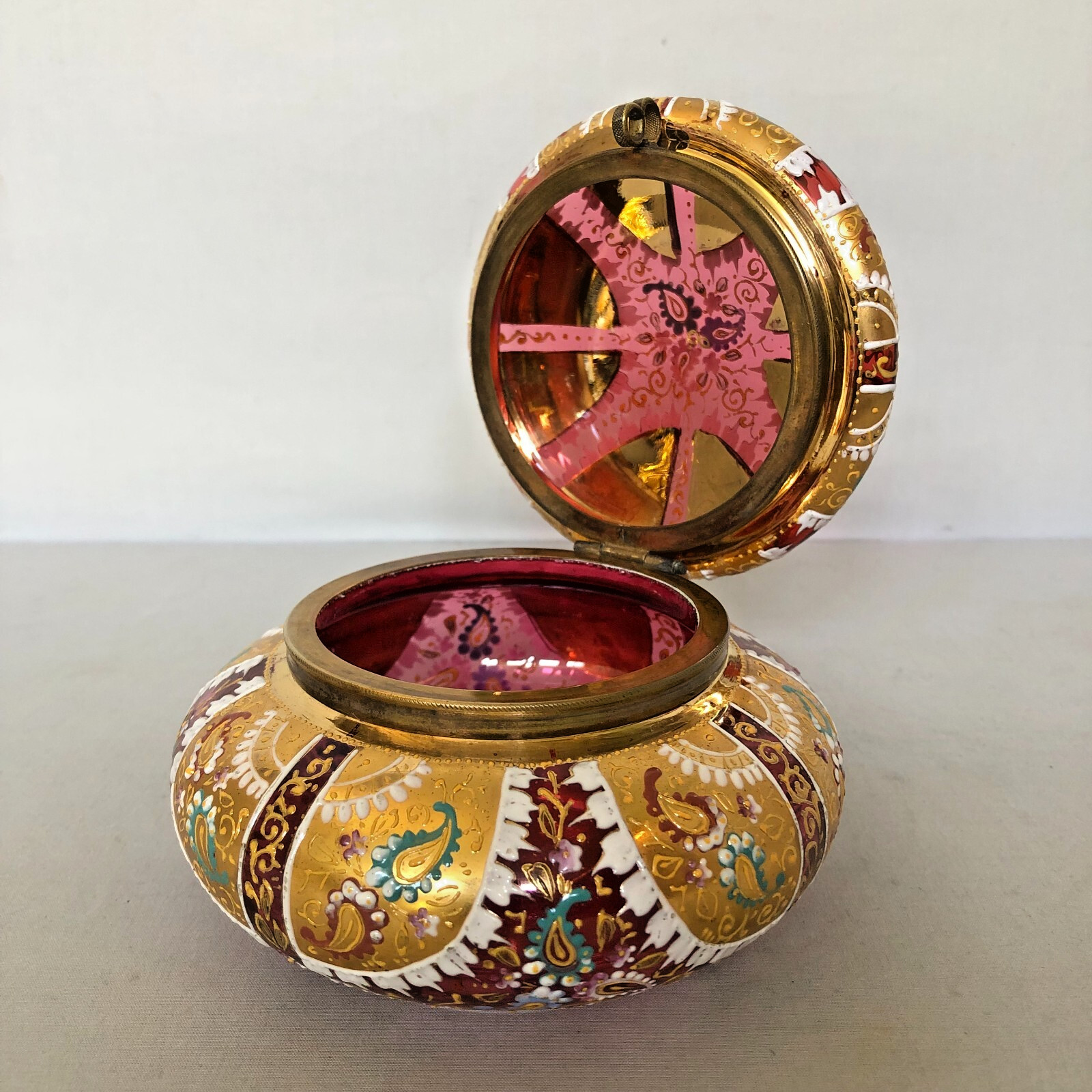 Antique Round Hinged Hand Heavily Decorated Pink Moser Glass Box