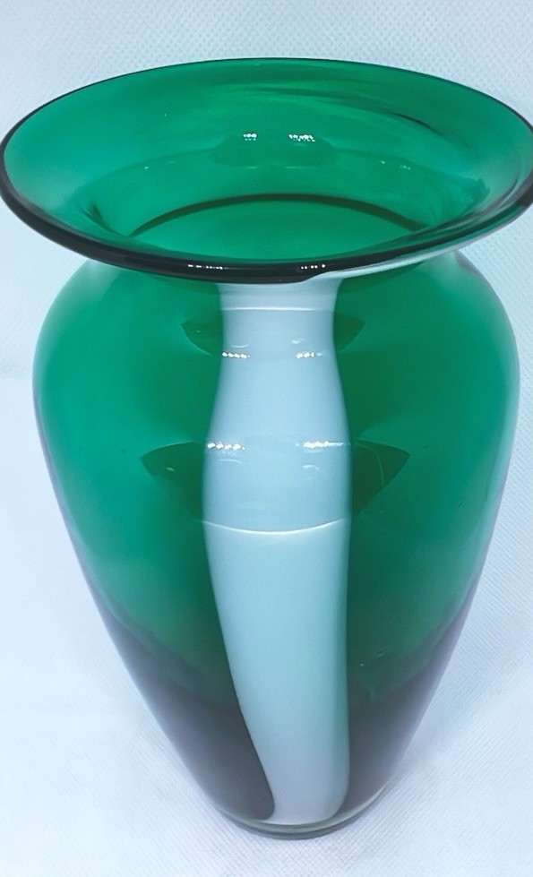 Hand Blown Glass Art Vase Green with White Stripe Clear Bottom 7 5/8” Tall