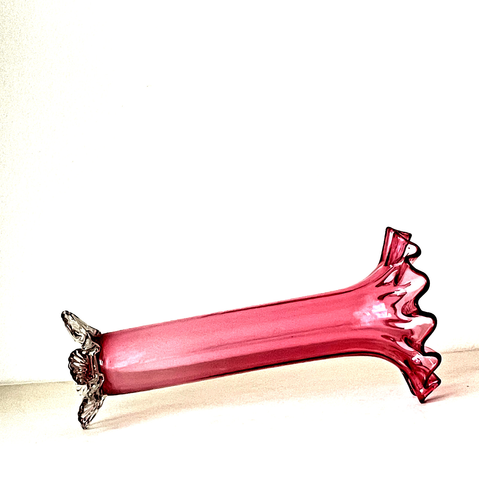 ANTIQUE CRANBERRY PINK TRUMPET VASE WITH RUFFLED RIM CLEAR APPLIED GLASS FEET