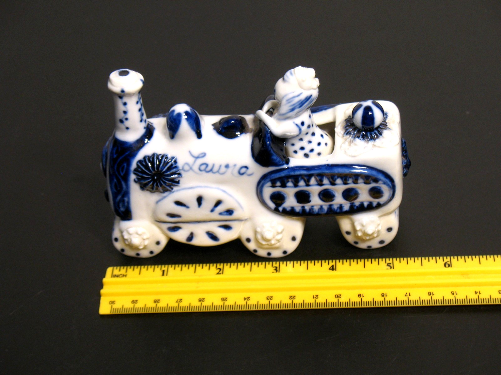 WILFRED GIBSON BLUE WHITE POTTERY GIRL ON TRAIN LAURA SIGNED