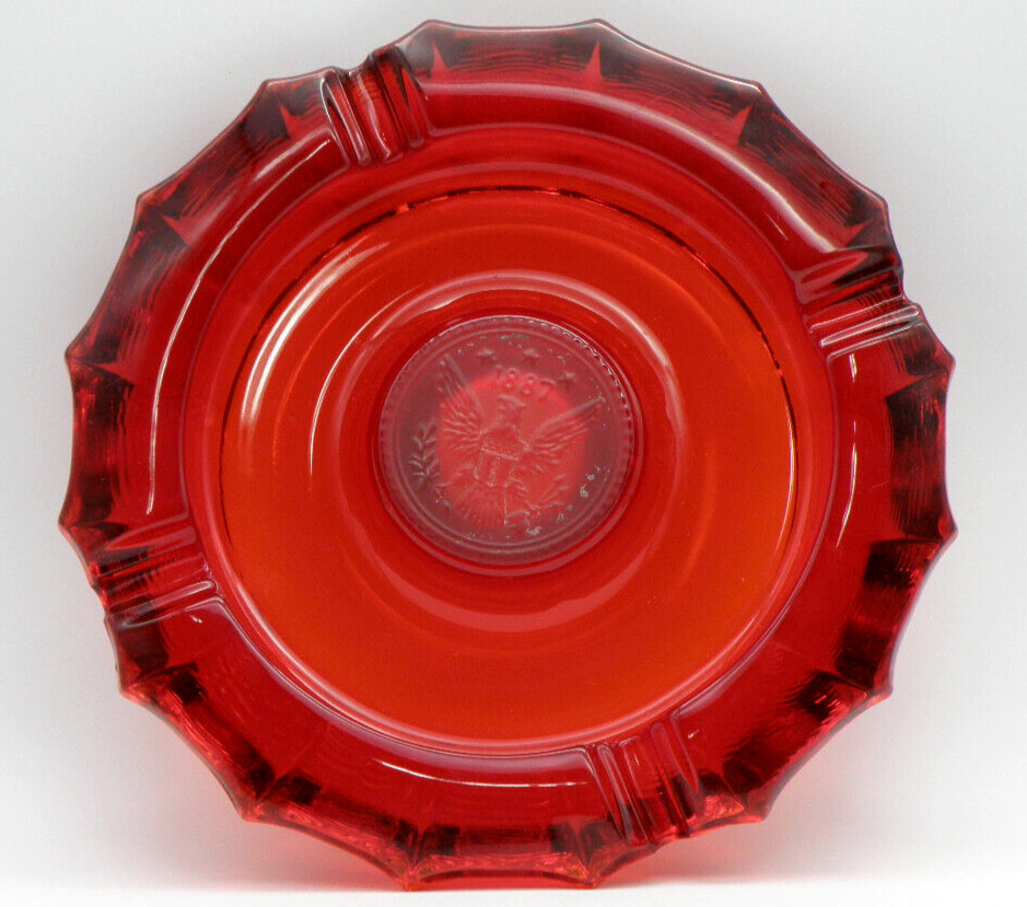 Vtg Ruby Red FOSTORIA American Eagle Coin 1887 Glass Cigar Cigarett Ashtray 7.5″