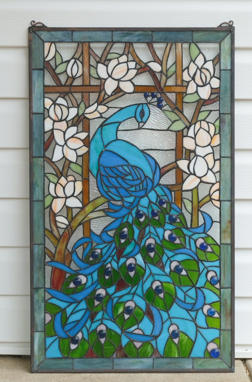 20.5″ x 34.75″ Handcrafted peacock flower stained glass window panel WL22-221