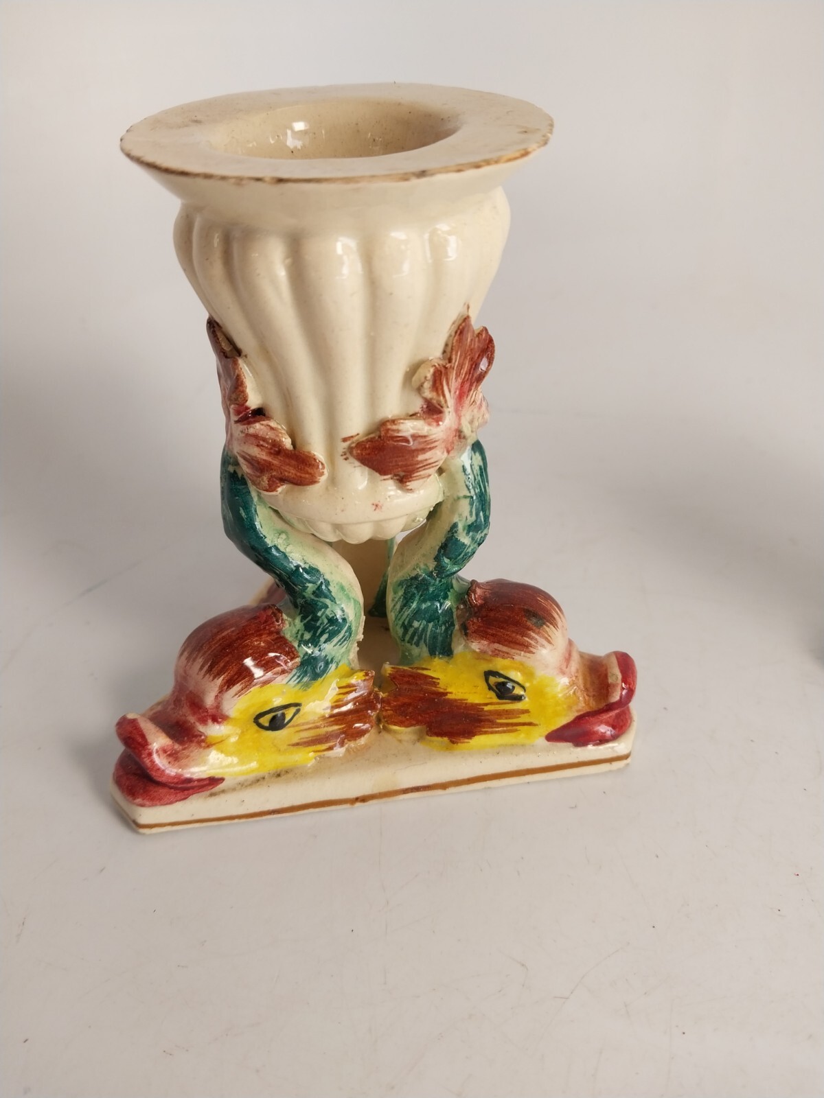 Antq Agostinelli Dal Pra Majolica Figural 3D Fish Dolphin Candlestick Pair Italy