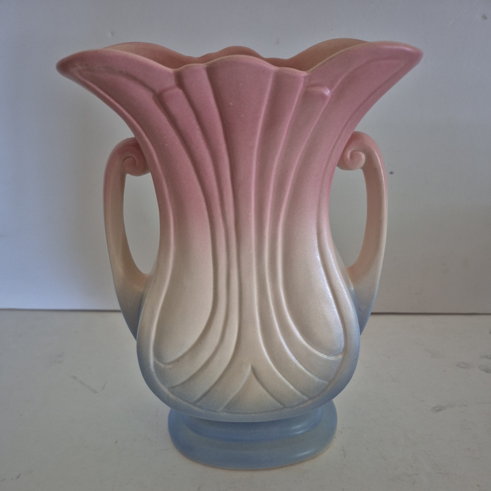 1940s Hull Art Pottery Mardi Gras Vase Pink White Blue Matte Finish 48-9 Vintage