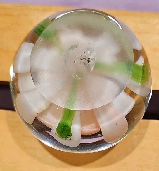 Vintage Art Glass peach & white Flower Paperweight