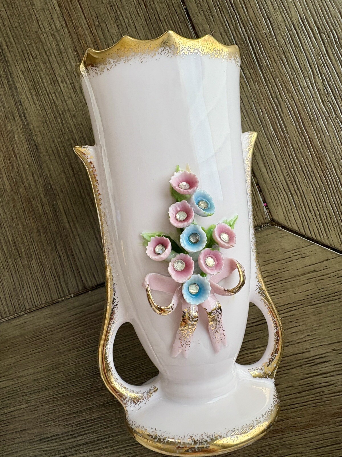 Lefton China Pink Vase W/ Gold Crackle Trim & Flowers Bow Vintage #70456
