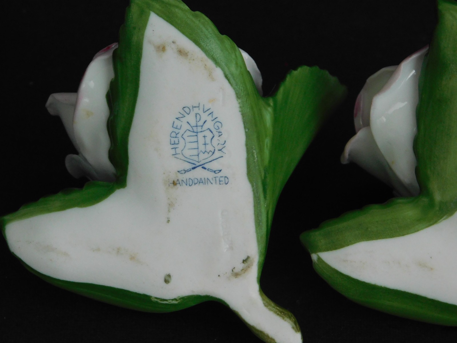 VINTAGE HEREND (1960-1970s): Pair Hand Painted Pink Porcelain Roses & 3 Leaves