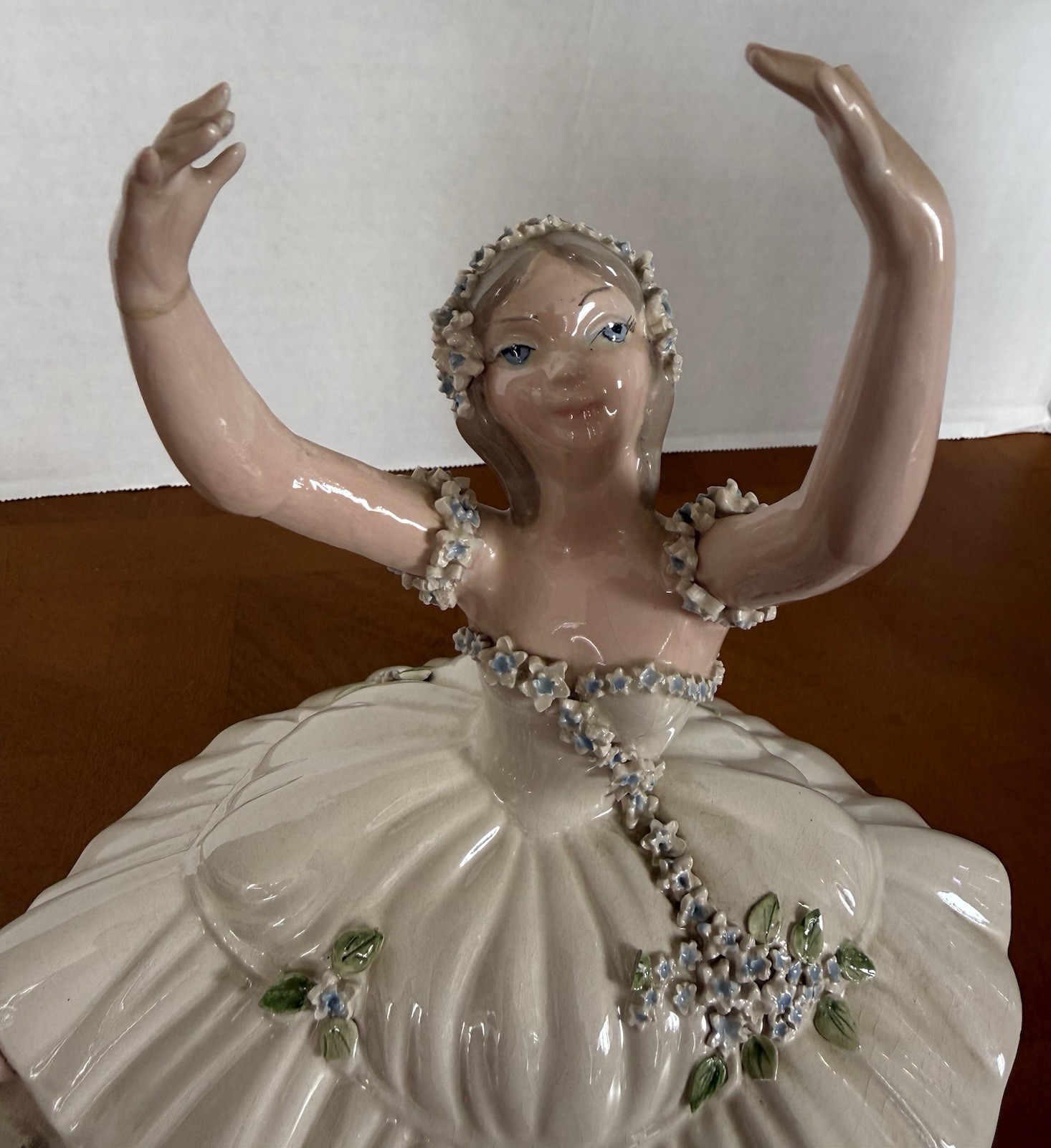 Ceramic Ballerina Figurine, White Floral Pattern Glossy Finish, 11in x 8in