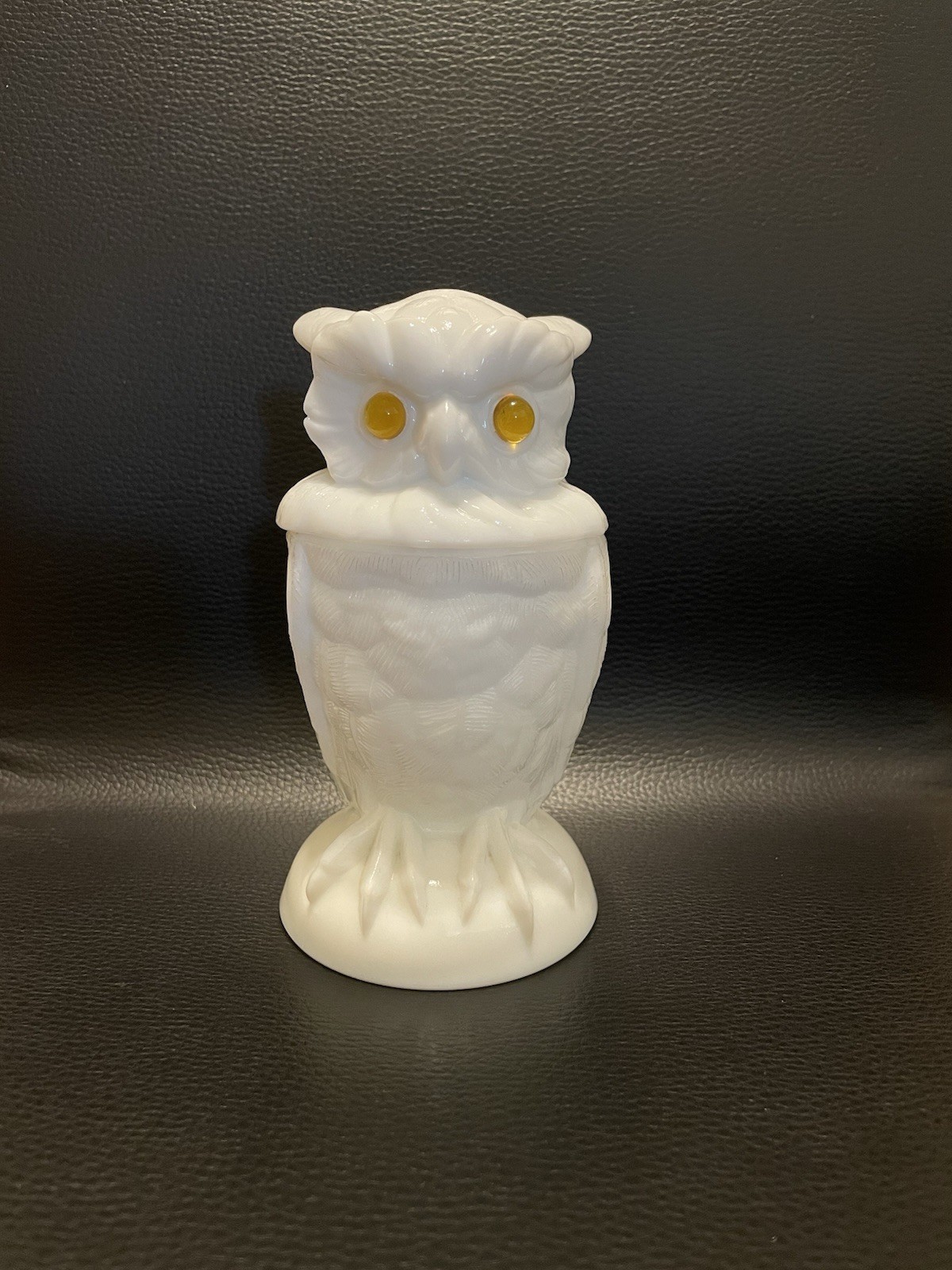 Vintage Imperial Milk Glass Owl Covered Jar w/ Yellow Golden Eyes