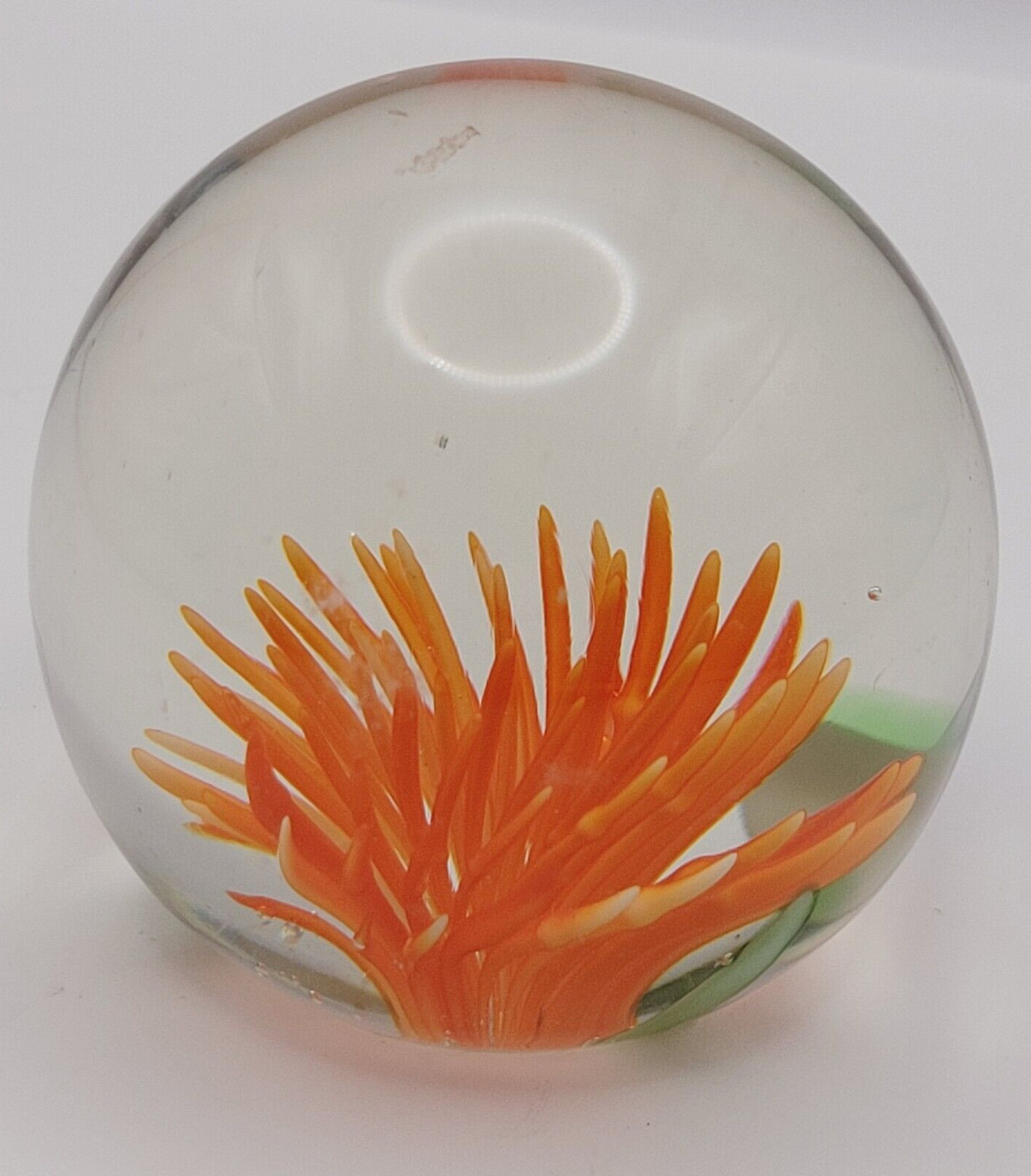 Dahlia or Zinnia Flower Orange Pointed Petal Small Clear Art Glass Paperweight