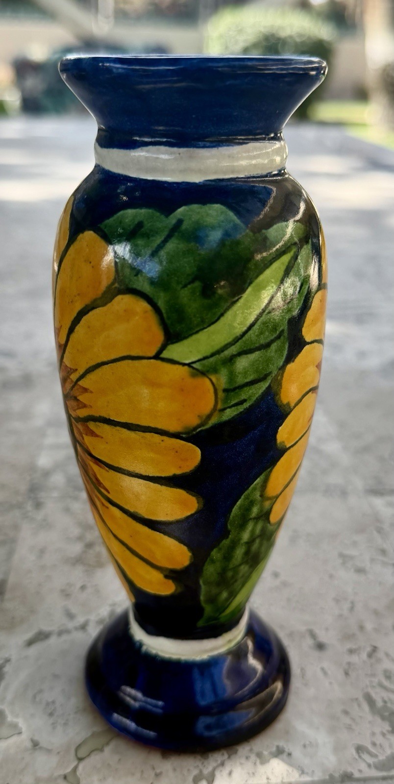 “Hand Painted Sunflower Ceramic Set Plate Mug Vase Folk Art Cobalt Blue Floral”