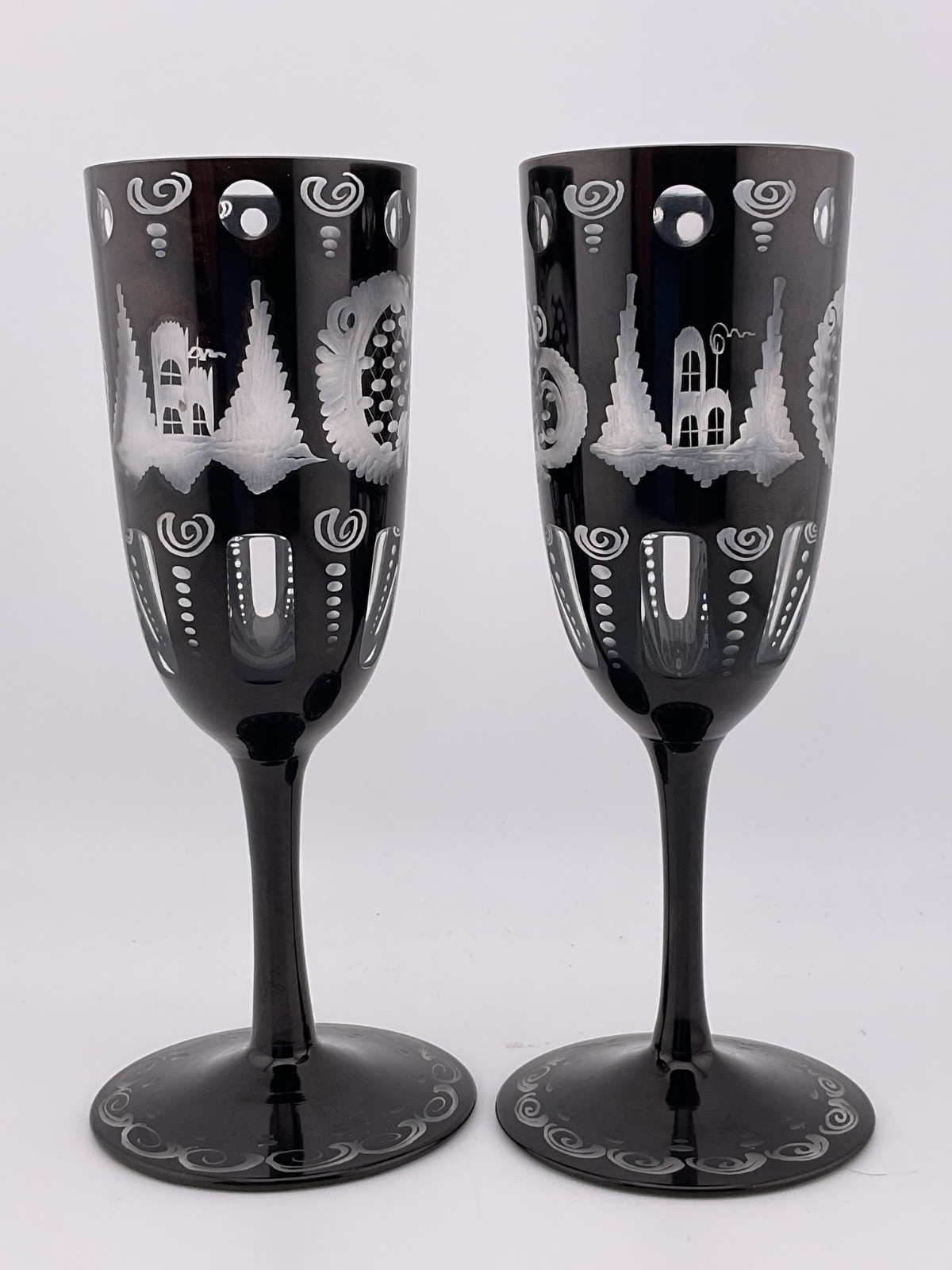 Czech Egermann engraved black glass pair of wine or champagne flutes