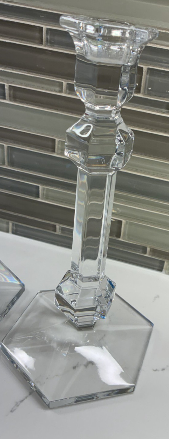 Pair of Val St Lambert Belgian Signed Cut Lead Crystal Geometric Candlesticks 9”
