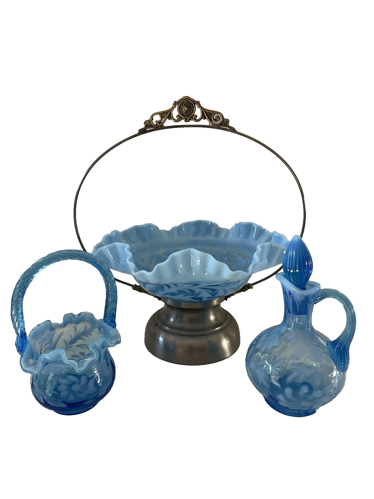 SAPPHIRE BLUE OPALESCENT 3 PIECE SET BOWL BRIDES BASKET, CRUET, BASKET
