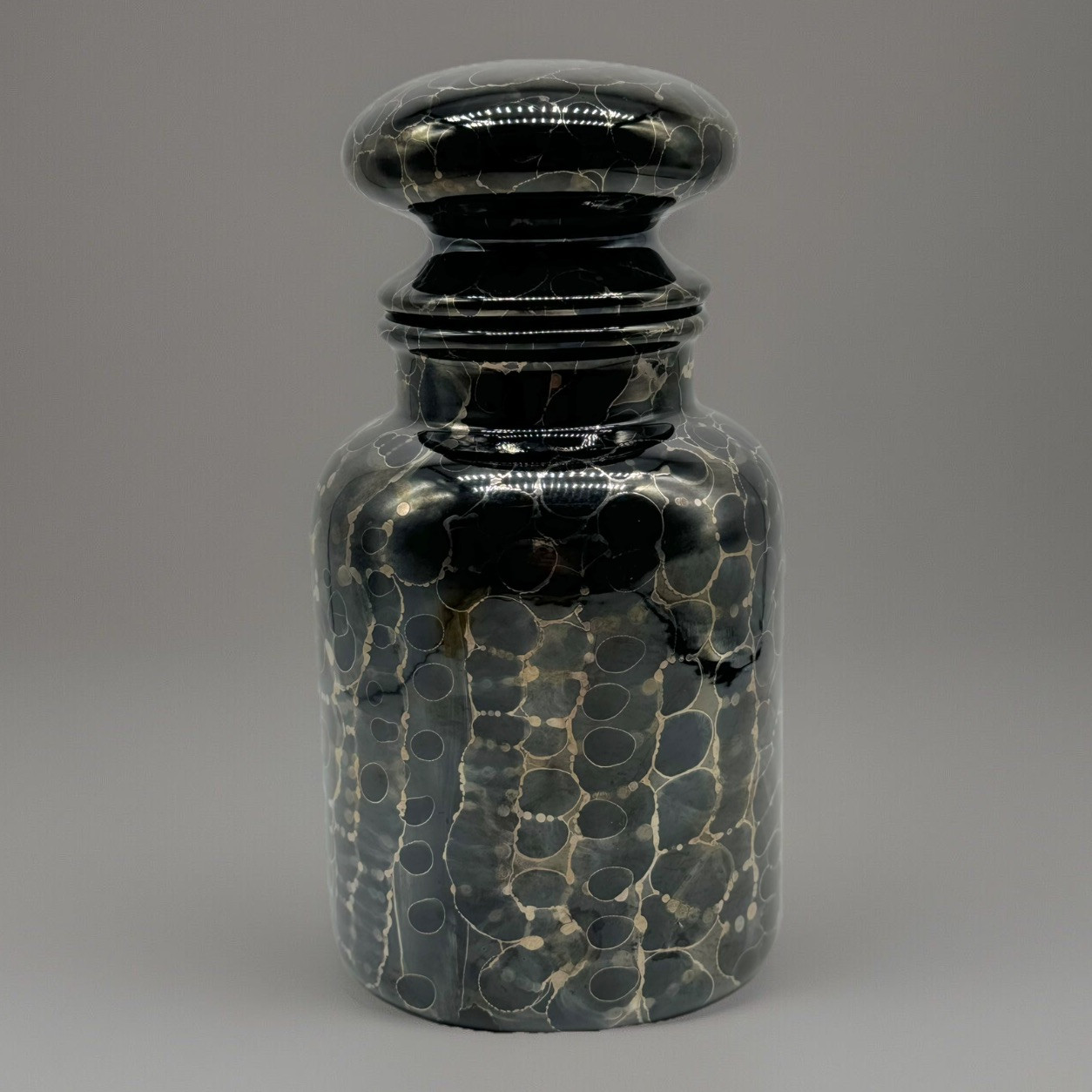 Gold Crystalline black Pottery canister- lidded bubble top apothecary jar, 9 in.