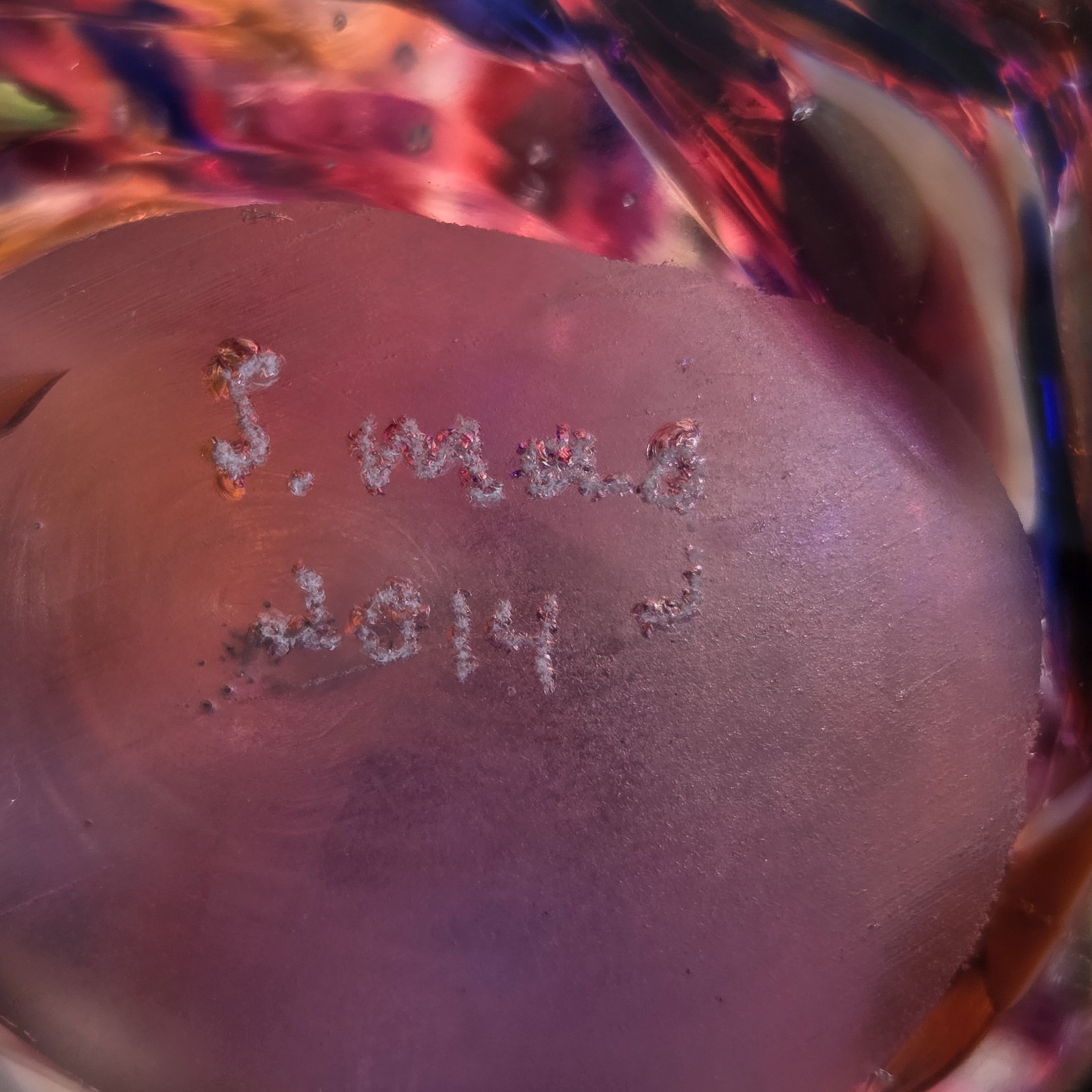 Signed 2014 Studio Art Glass Teardrop Paperweight Purple Red Bubble Sculpture