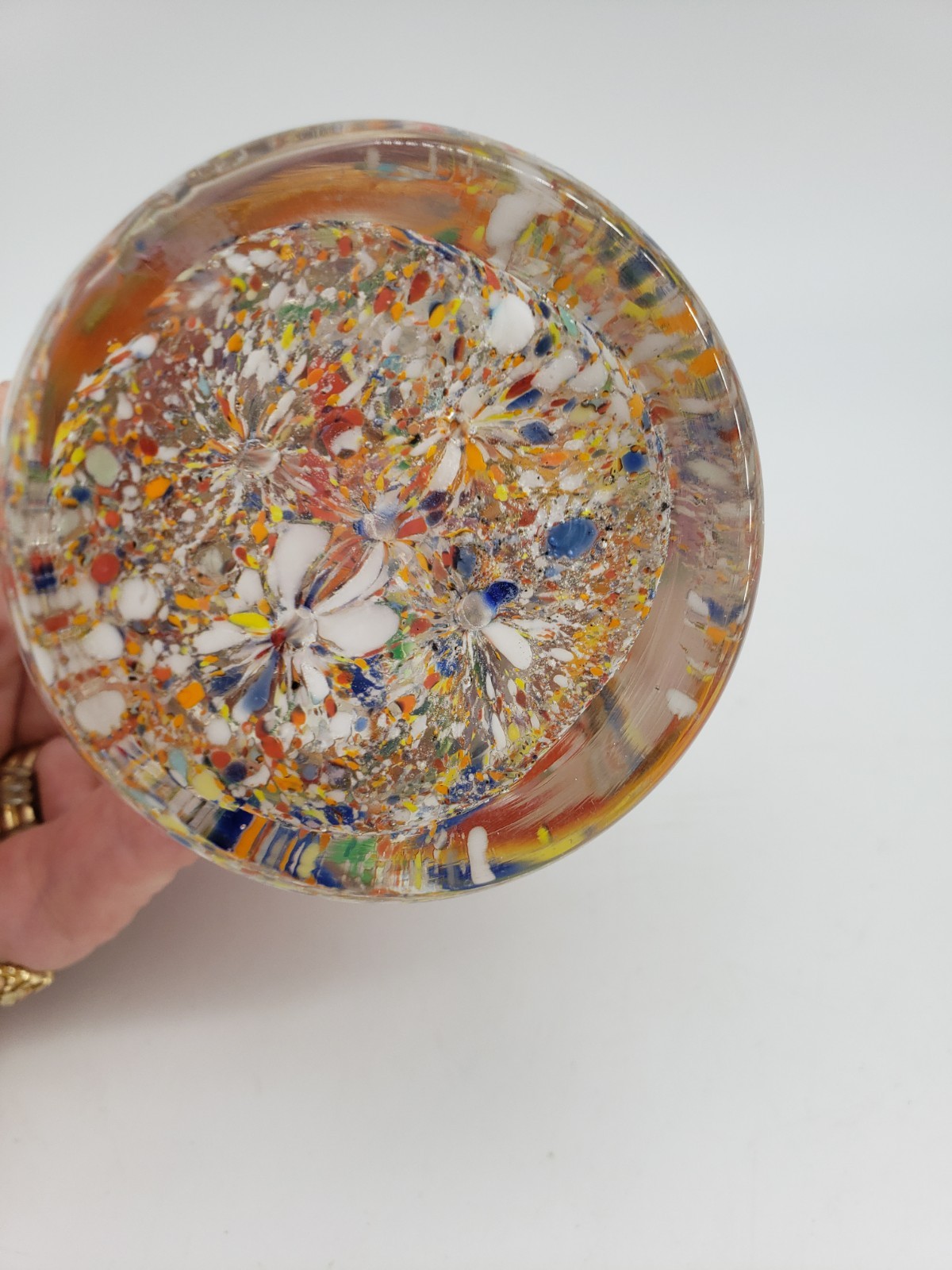 Art Glass Golden Crown Obelisk Busy Color Swirled Paperweight 4.75in tall