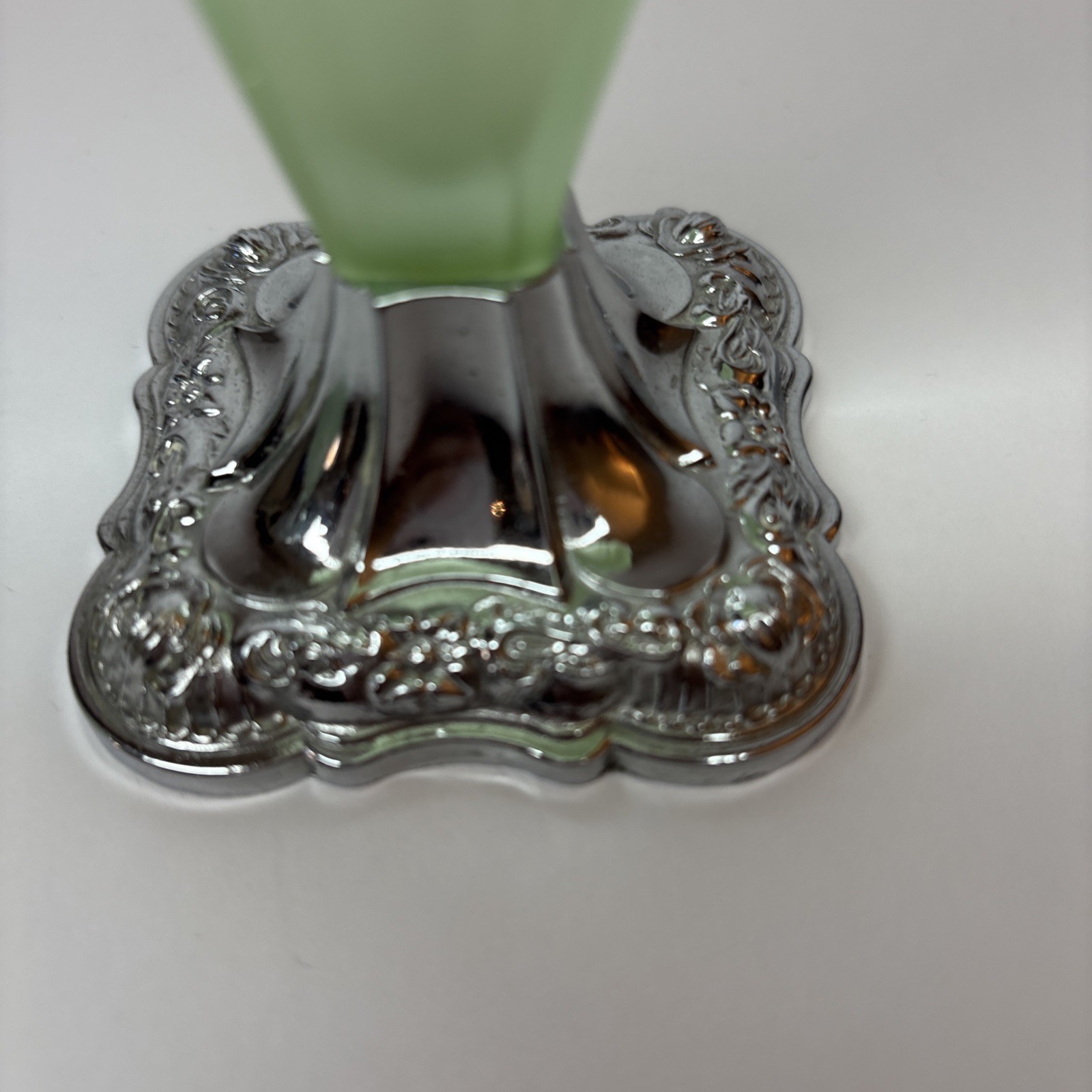 Vintage pair bagley grantham art deco frosted green glass vases chrome base