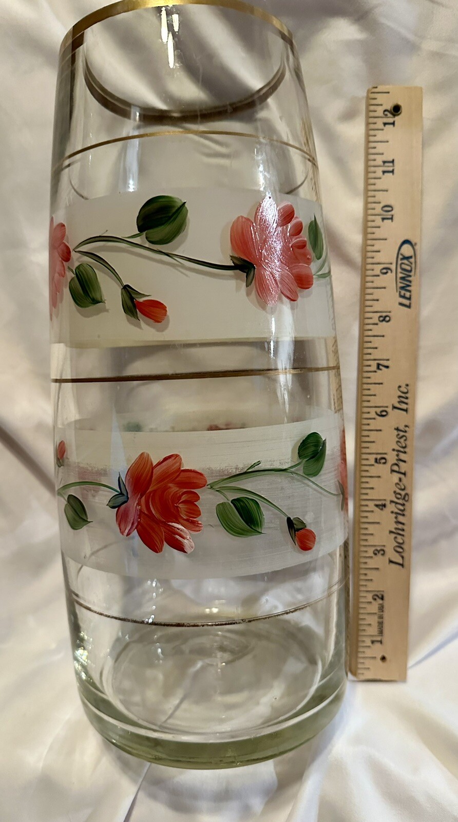 Clear Glass Vase Hand Painted Flowers 12 Inches Tall, 5 In Diameter W/Gold Rim
