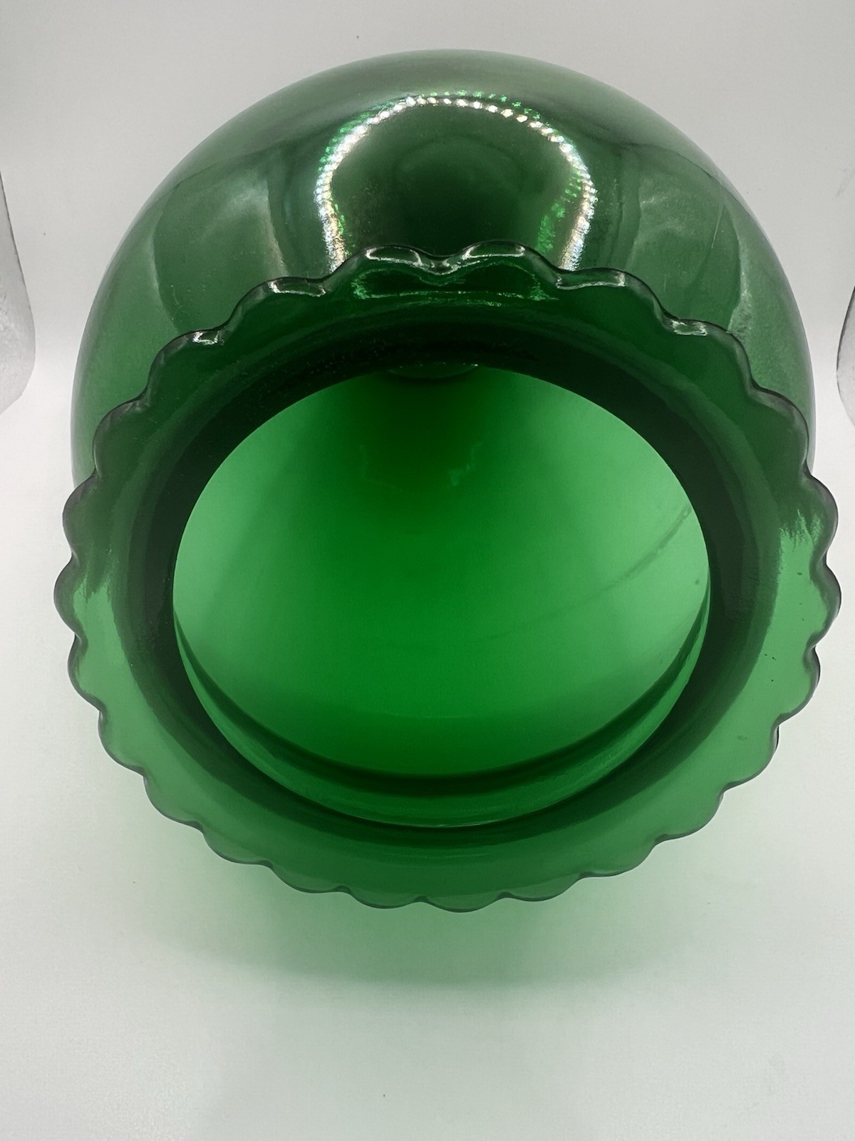 Set of 2 Mismatched Unbranded Green Glass Vases. Large 8.75” T, Small 6.25” Tall