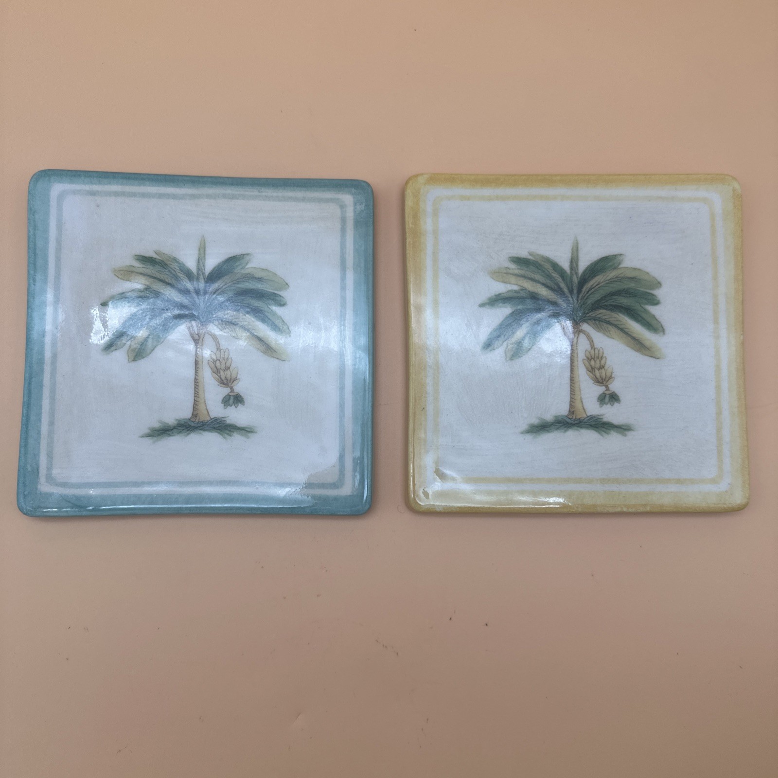 Set 2-Williams Sonoma Verano Tile Trivets Ceramic Palm Tree Tropical Banana