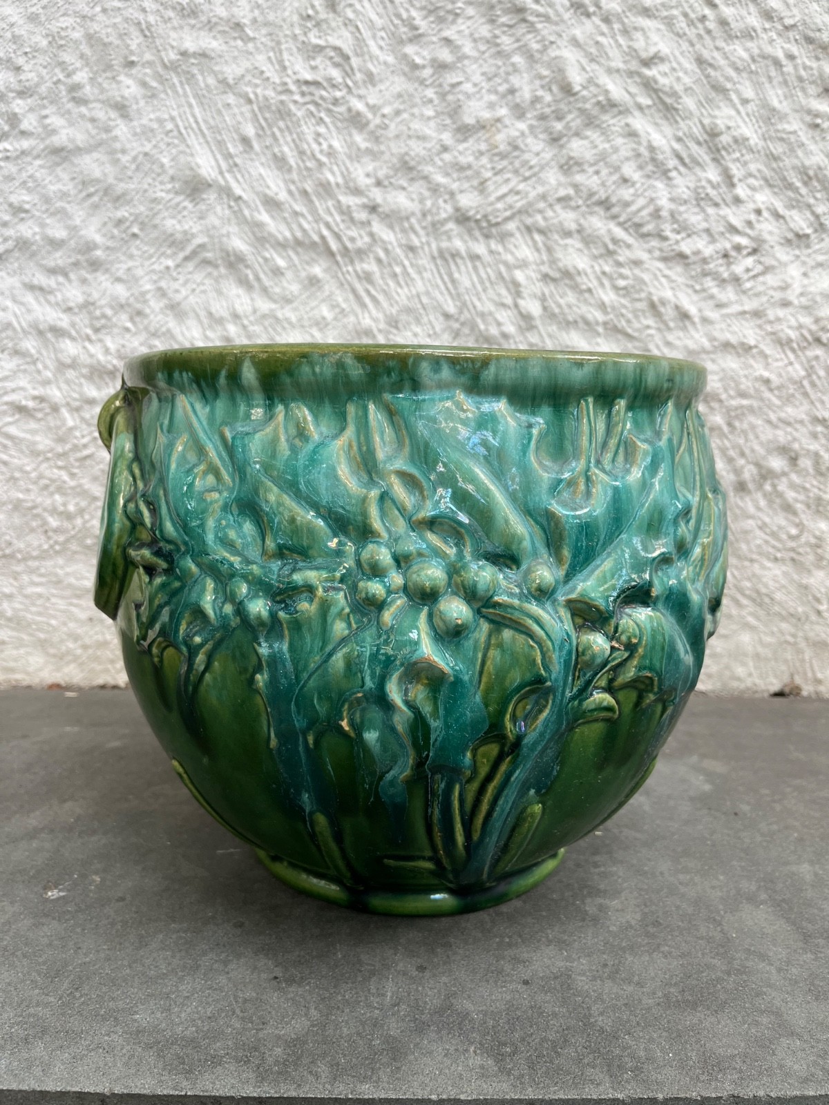 RARE McCoy Pottery Holly Jardiniere Planter Green Glaze 9 1/2″ H x 11 1/2″ READ