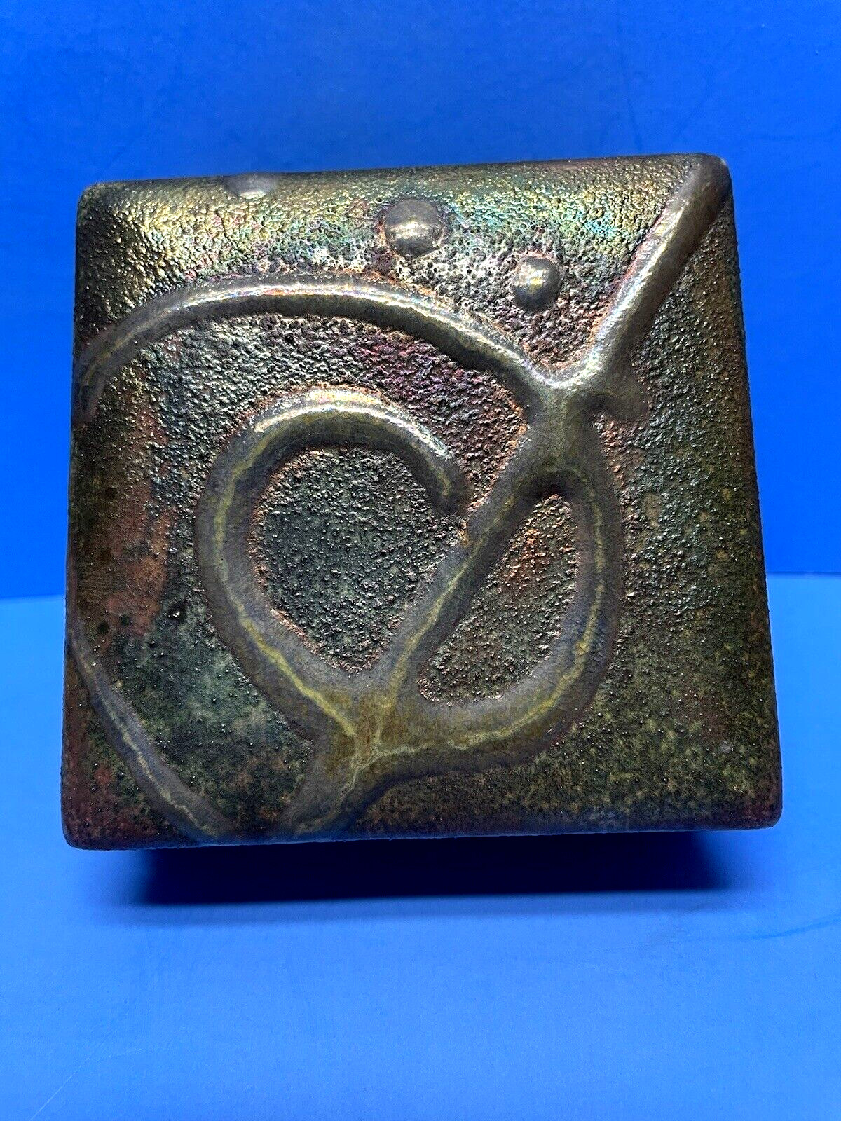 Raku Pottery Joyce Furney Small Trinket Jewelry Box Iridescent Clay Cellar 3×3