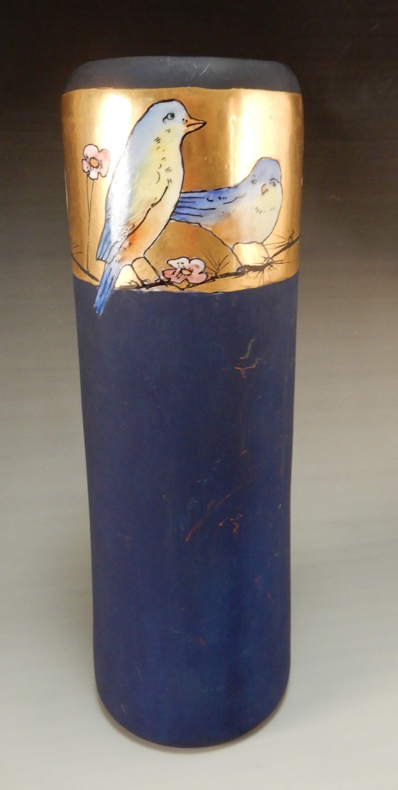 Antique PH Leonard Vienna Austria Hand Painted Birds Cilindrical 12-1/2″ Vase