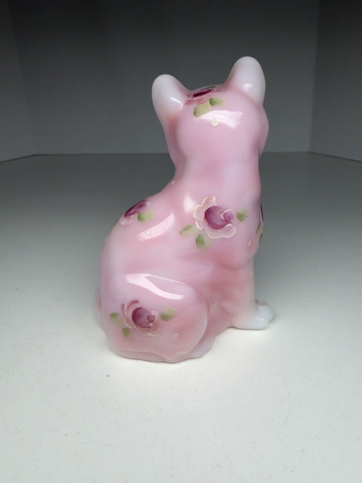 2003 QVC Fenton Rosalene Glossy Sitting Cat “Rose” With Flowers