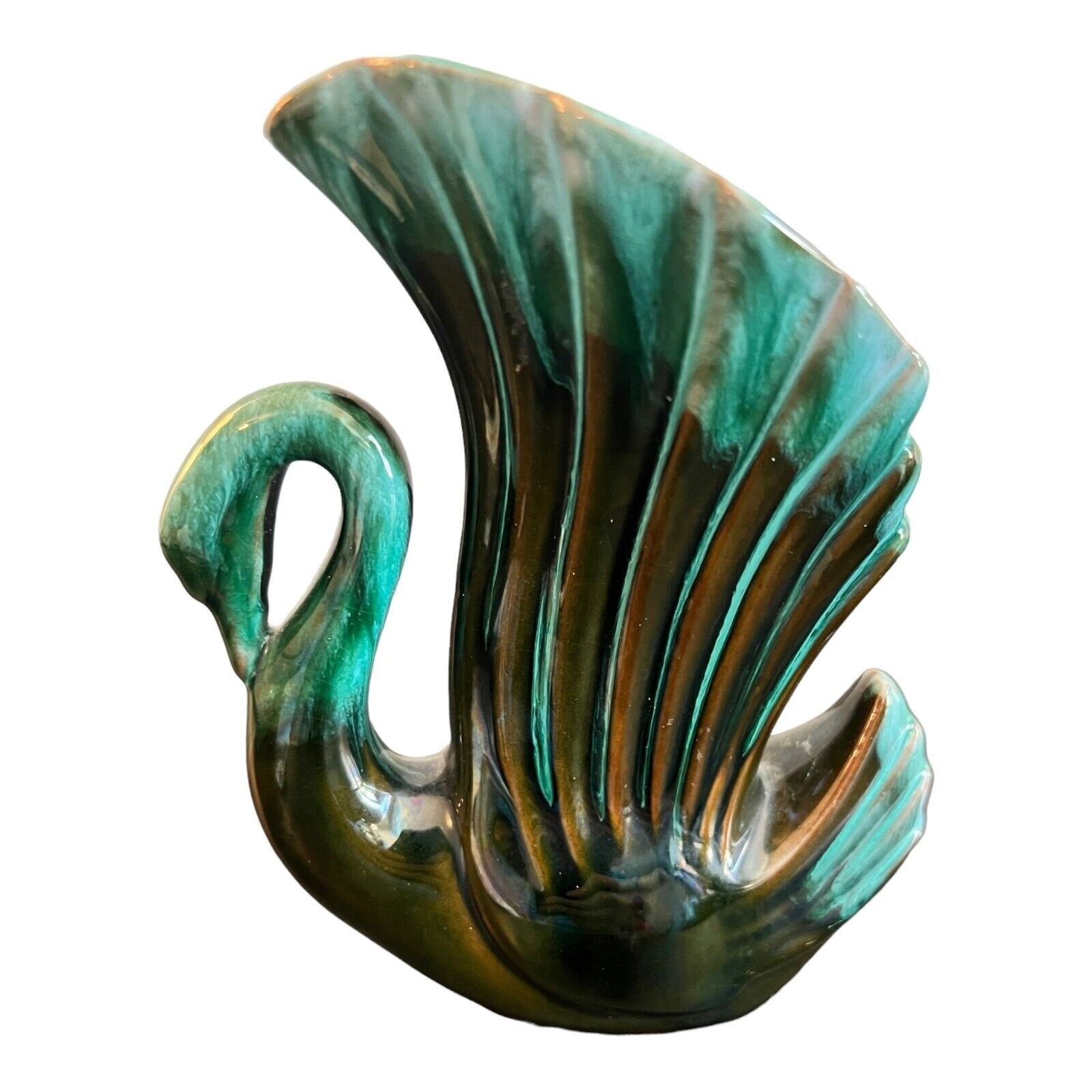Blue Mountain Pottery Swan Vase Green Brown Drip Glaze 6″ Tall Canadian Vintage