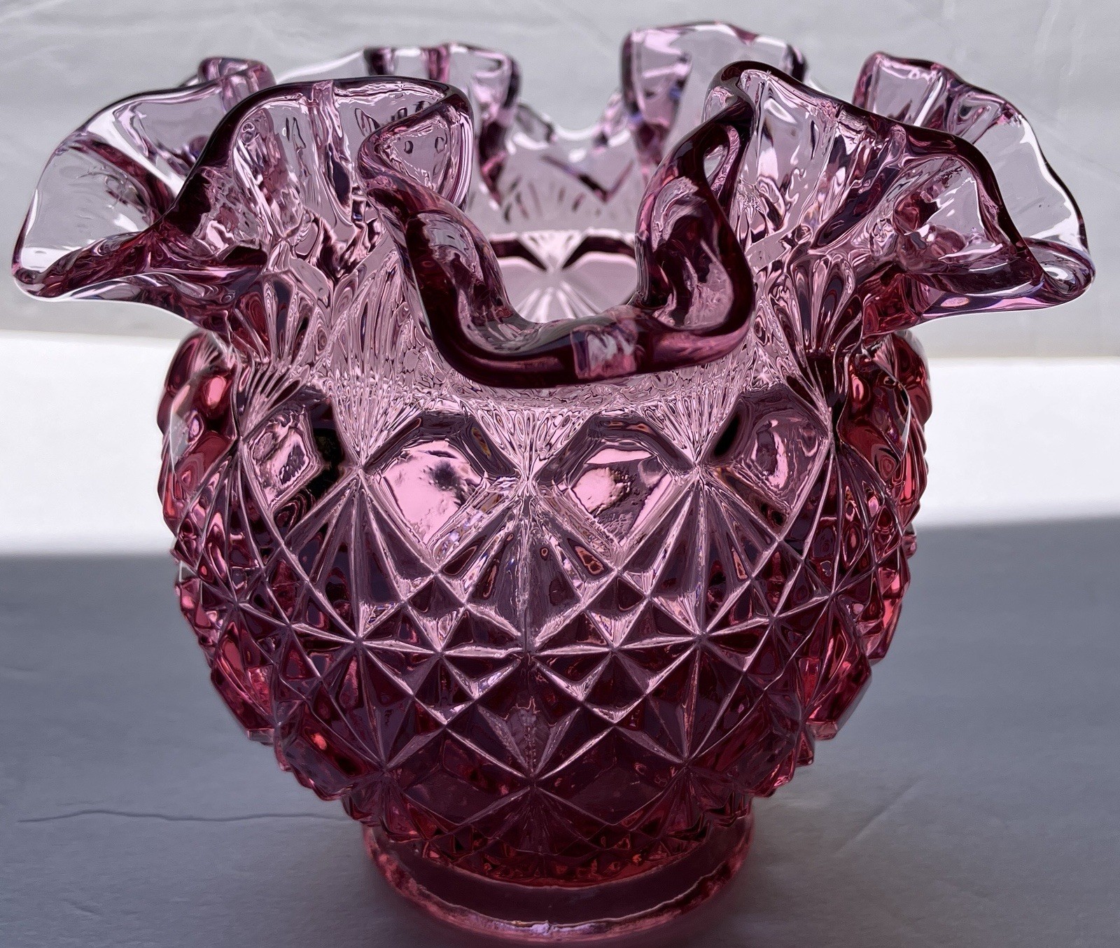 Fenton Glass Vase Vintage 1980’s Cranberry Ruffled Rim Diamond Star Pattern