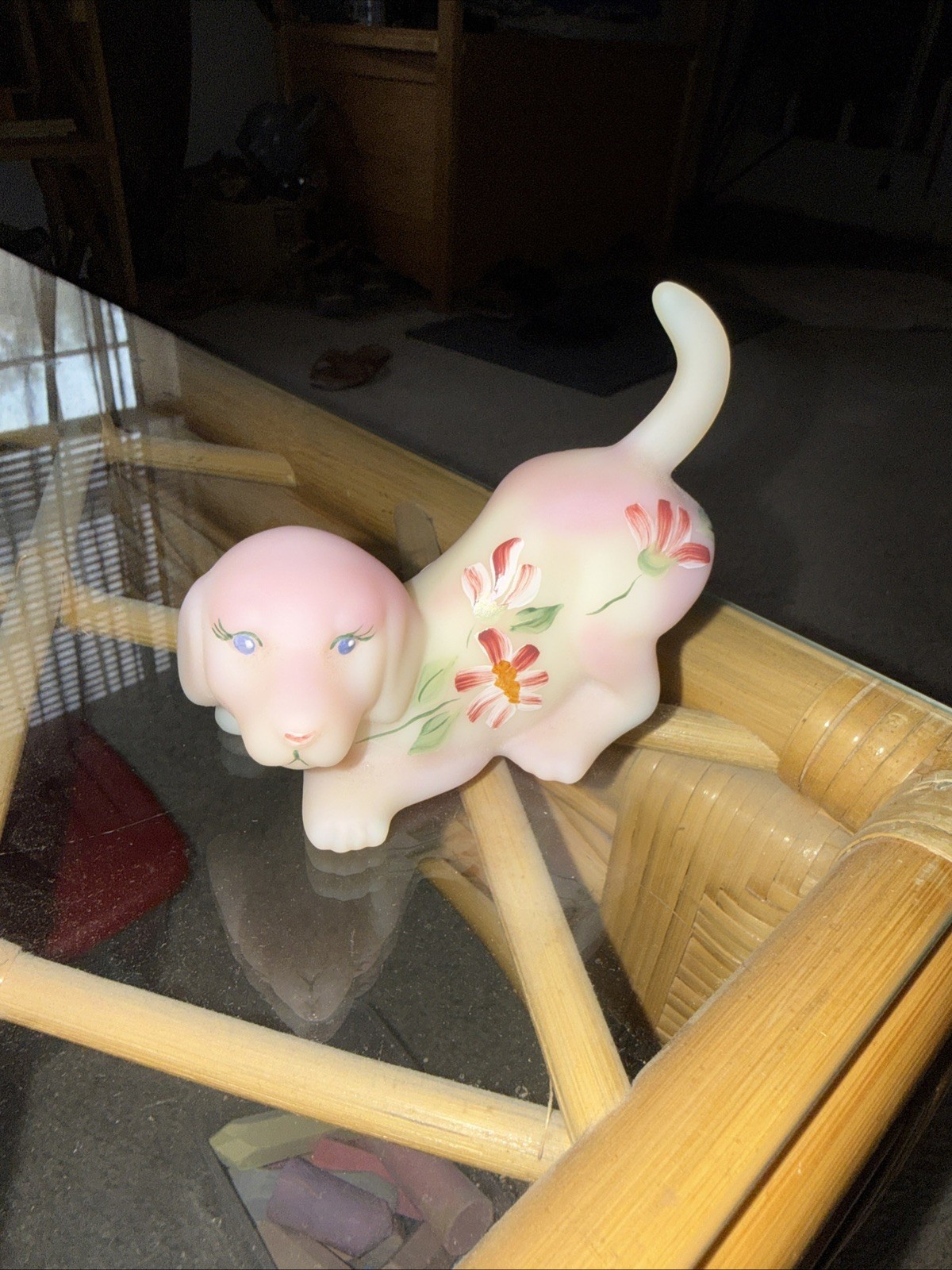 Fenton Burmese Glass Playful Puppy Dog Floral UV Glow Hand Painted