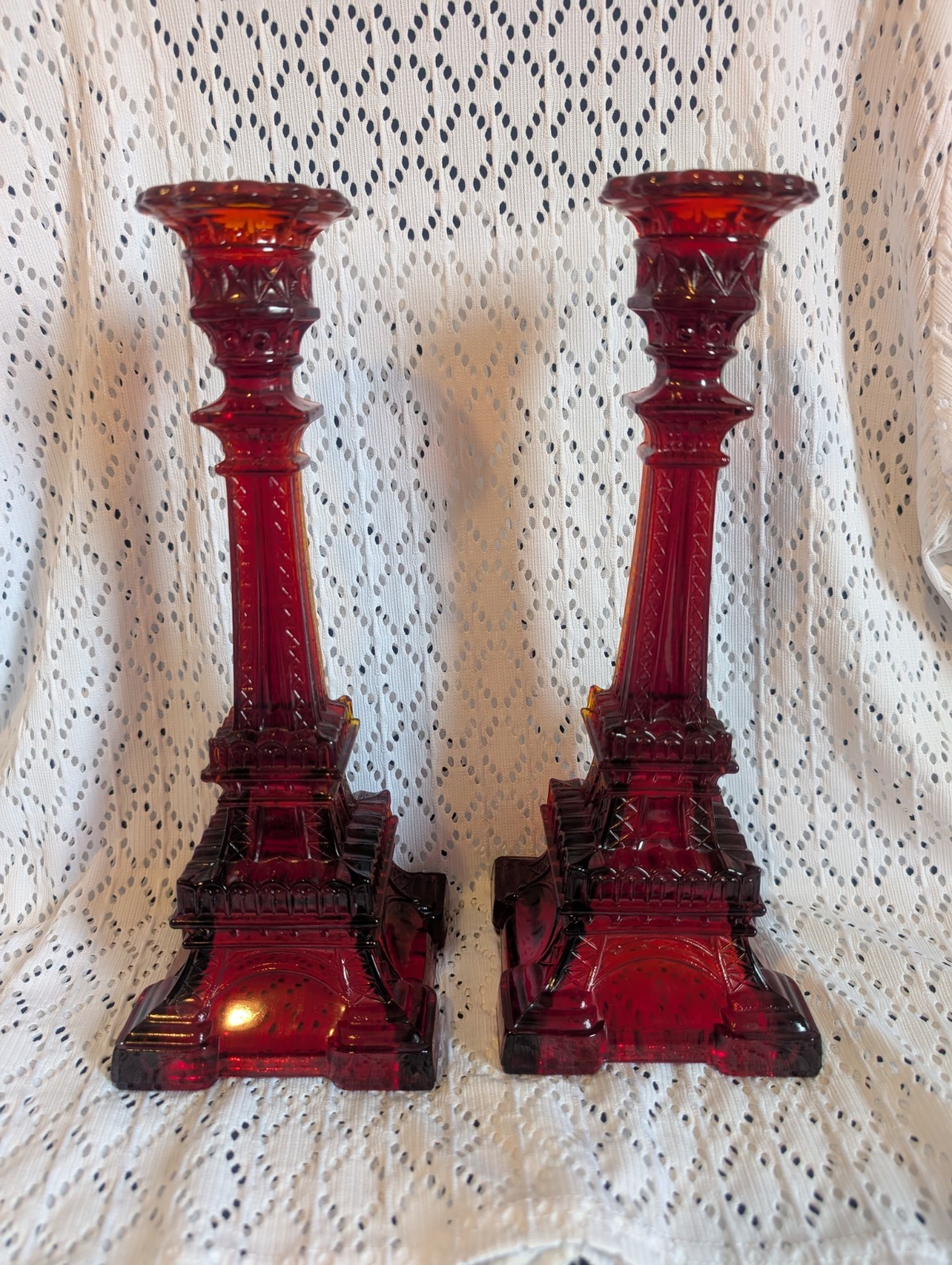 Vtg Pair of 11″ Amberina Glass Eiffel Tower Candlesticks UV Reactive Cadmium