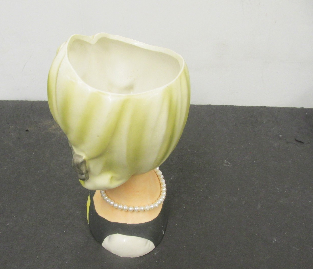 2031 RELPO 5 1/2 IN blonde BLACK DRESS AND BOWS head vase FOIL LABEL RELPO
