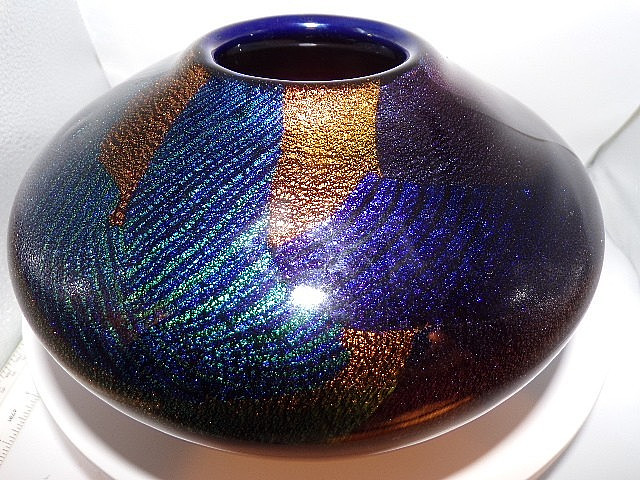 Dan Bergsma Art Glass Vase Hand Blown Dichroic Metallic Iridescent 4.5″ Tall