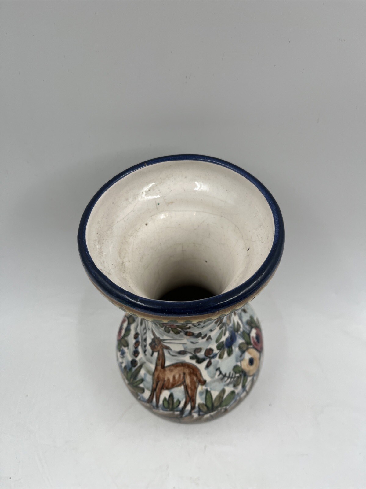Vintage Signed Portugal Pottery Vase with Beautiful Whimsical Animal Floral