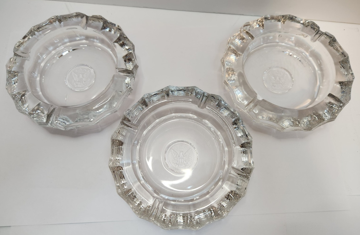 Vtg Ashtray X3 Fostoria Glass 1887 Eagle Coin Center Heavy Clear Cigarette 5.5″