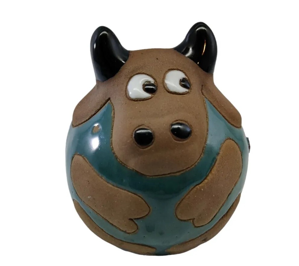 Studio Art Pottery Red Clay Green Cow Figurine Partially Glazed
