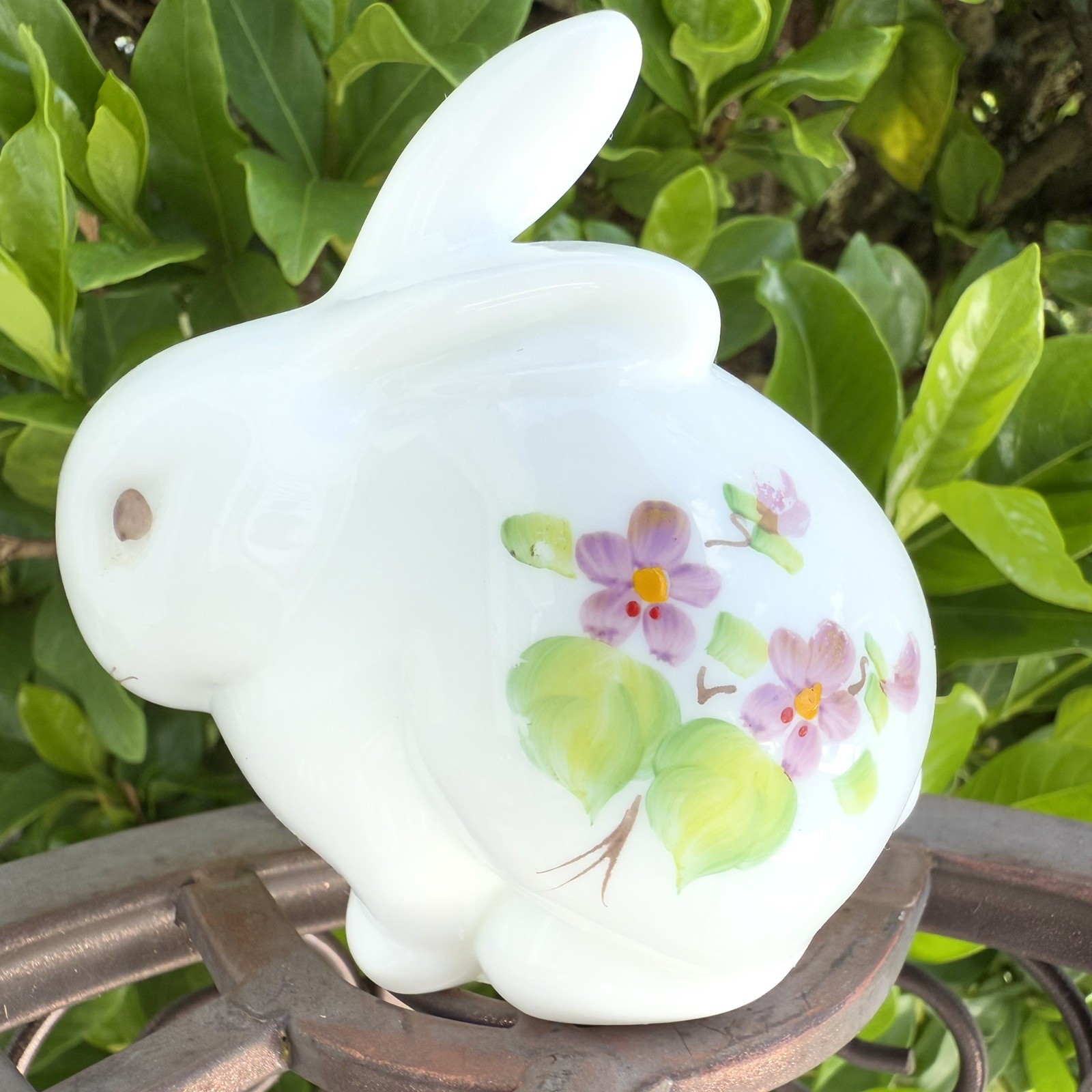 Fenton Bunny Rabbit Hand Painted “Violets In The Snow” Milk Glass Signed 3.25”