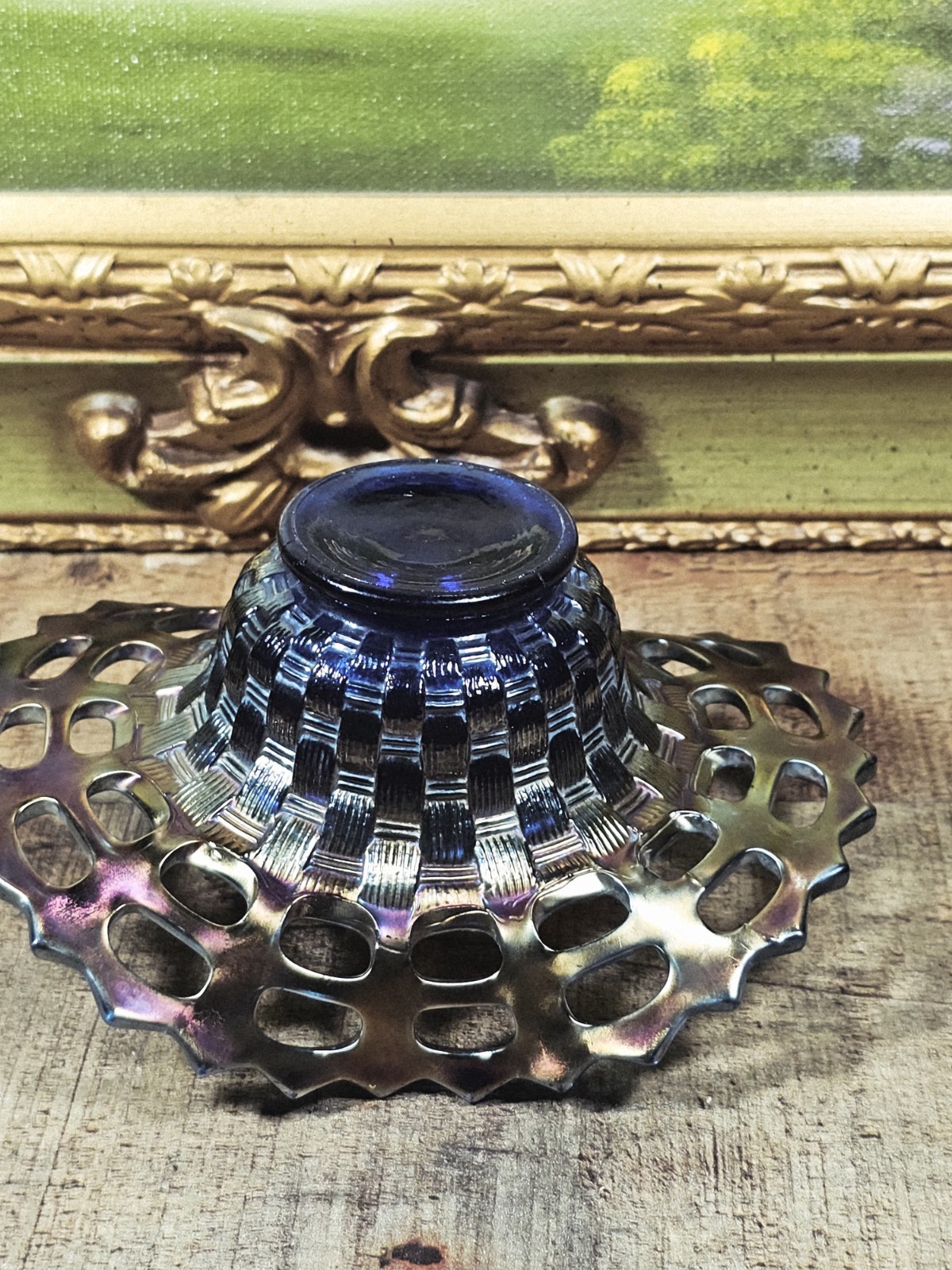 VTG Fenton Carnival Glass Basket Weave Dish Open Lace Cobalt Base